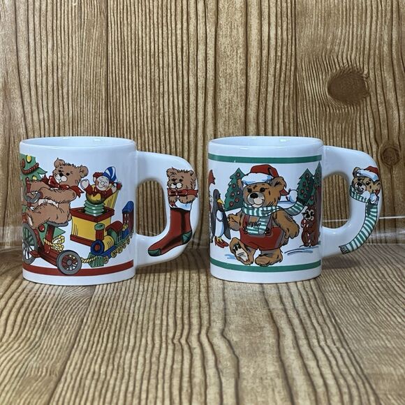 Vintage Alco Fancy Handle Teddy Bear Ceramic Christmas Mug in Box Set Of 2 - Picture 2 of 8